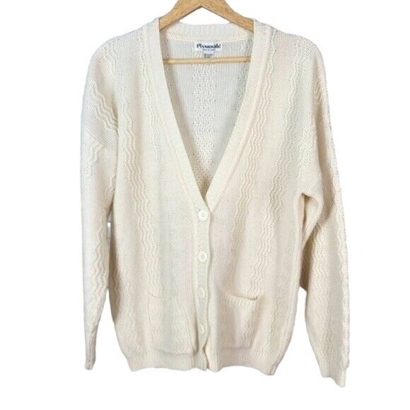 Plymouth! Womens Sweater Cardigan Cream Medium V Neck Pockets Long Sleeve VTG - Picture 1 of 6